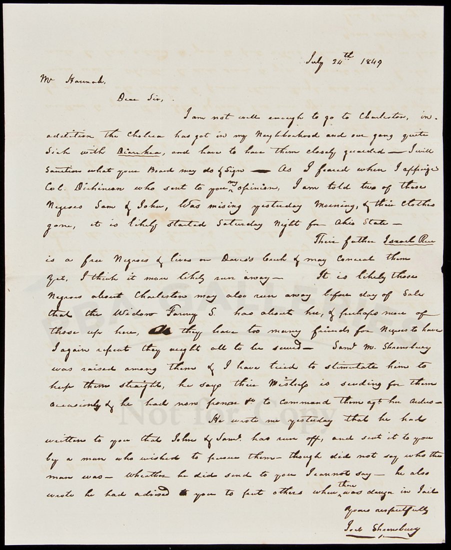 ALs discussing fugitive slaves in Virginia: Title: Autograph Letter Signed - 1849 Virginia Fugitive Slaves Escape on the Underground Railroad Author: Shrewsbury, Joel Description: 1 page + stampless address leaf.To Samuel Hannah, Charleston, Vi