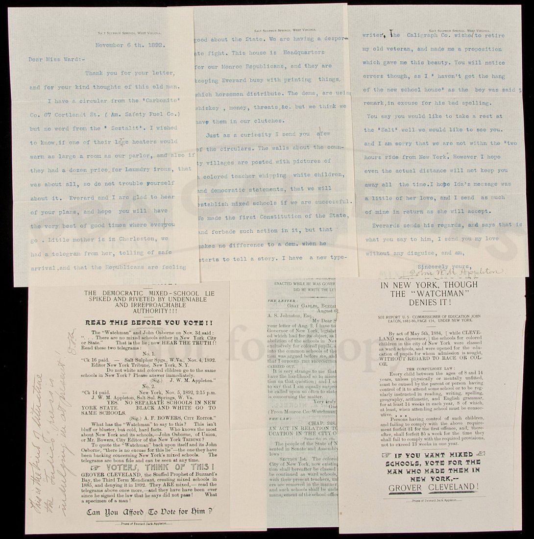 TLs from racist republican politician, 1892: Title: Typed Letter Signed - 1892 Heroic "Glory" Officer Stoops to Racist Politics in West Virginia Author: Appleton, John W.M. Description: 3 pp. The letter, written to “Miss Ward," reads: “…th