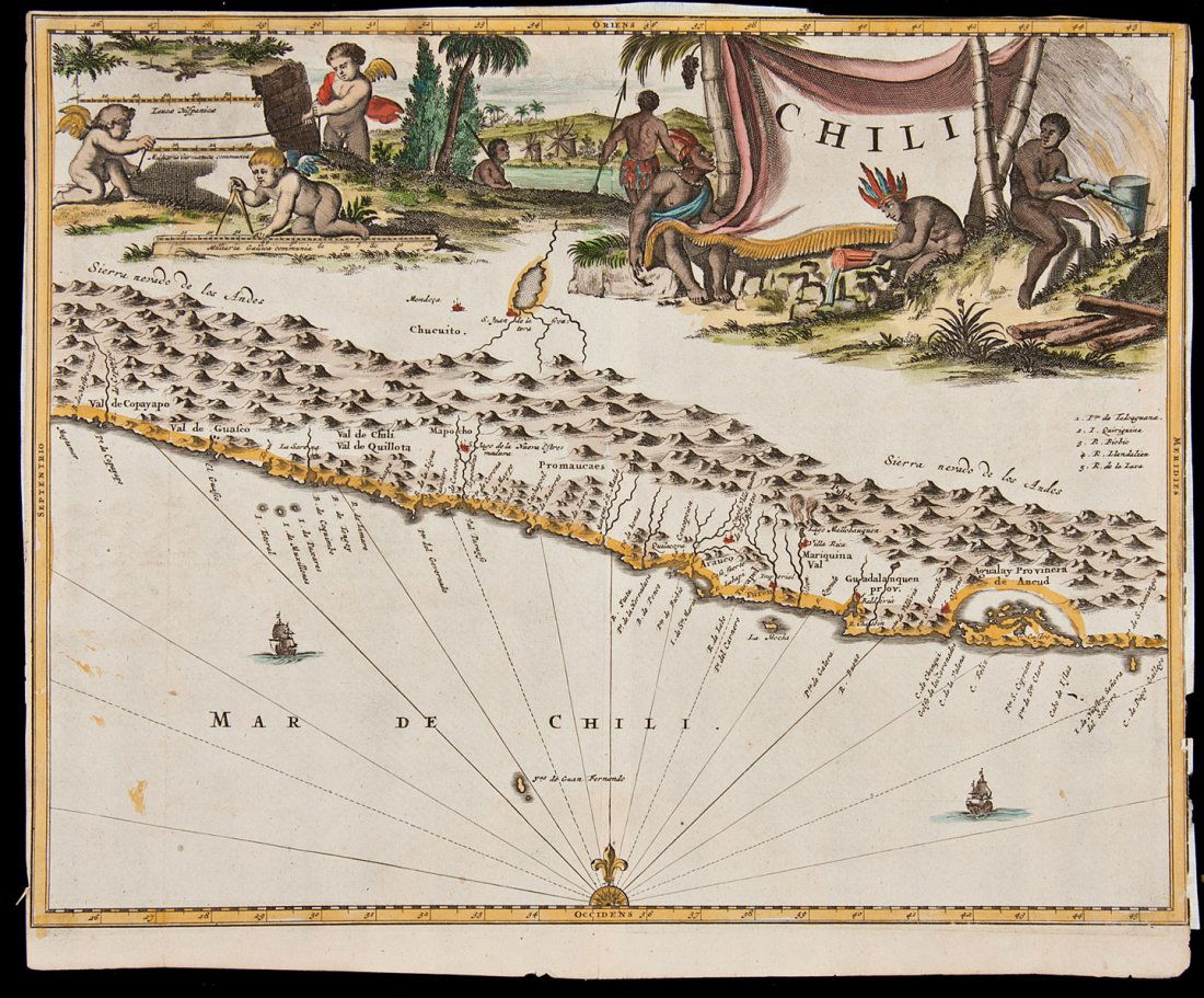 Hand-colored map of Chili c.1671: Title: Chili Author: Ogilby, John Description: Copper-engraved map, later hand-coloring. 29x36 cm. (11½x14").Map representing part of Chile, orientated with north to the left. East of the Andes is fi