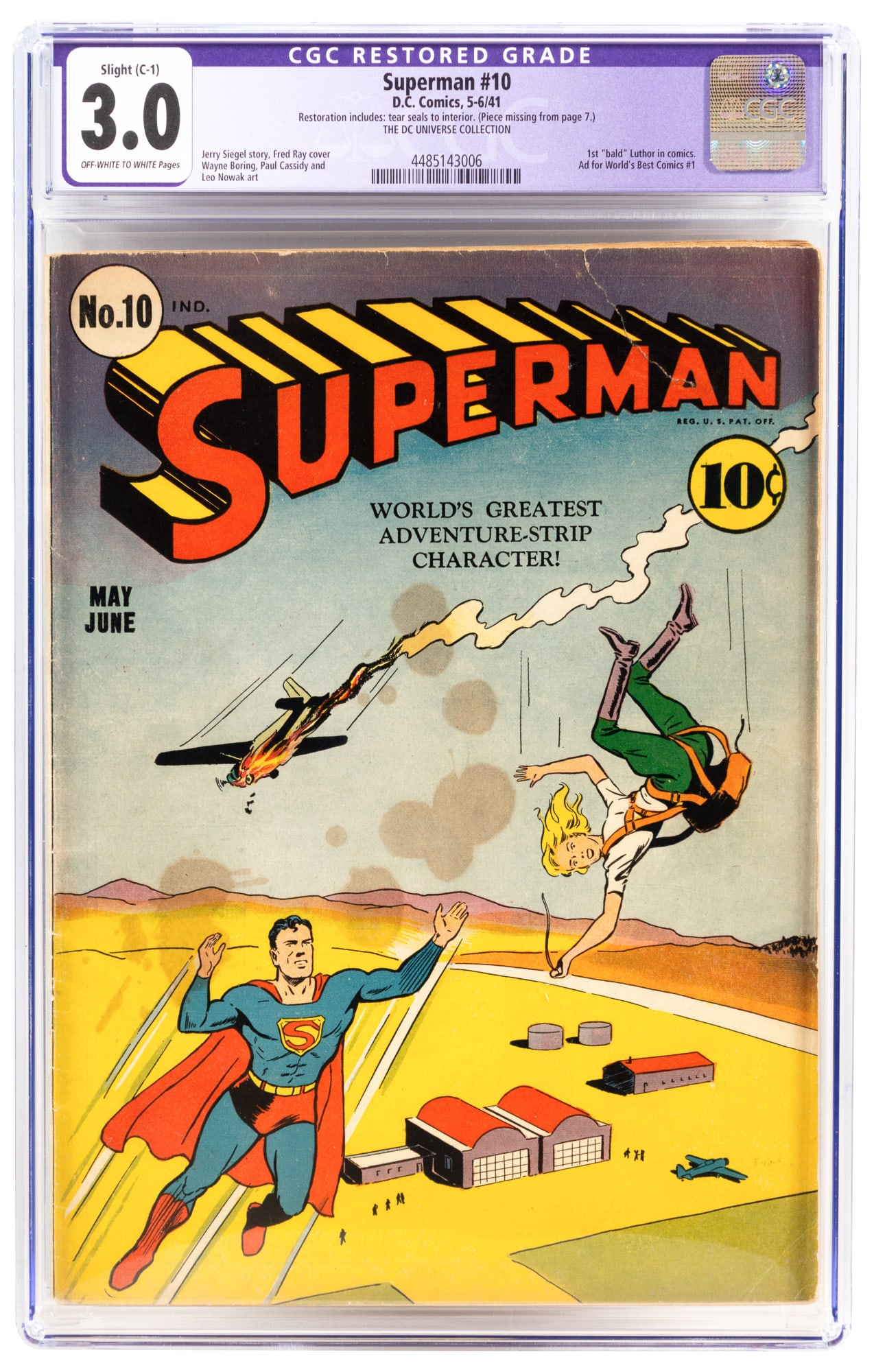 SUPERMAN #10 * CGC 3.0 * 5th App: Lex Luthor * 1st App. Luthor's Depilated Dome: Heading: Author: Title: SUPERMAN No. 10 Place Published: Publisher:DC [Indica: Superman Inc.] Date Published: May-June, 1941 Description: CGC certified: G/VG (3.0) Restored (C-1)