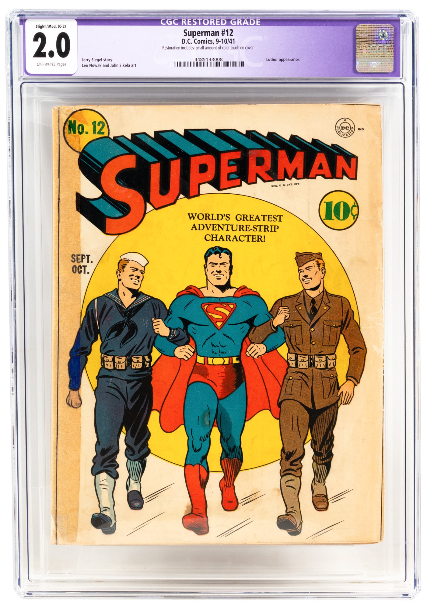SUPERMAN #12 * 1st Patriotic SUPERMAN Cover: Heading: Author: Title: SUPERMAN No. 12 Place Published: Publisher:DC [Indica: Superman Inc.] Date Published: September-October, 1941 Description: CGC certified: Good (2.0) Resto