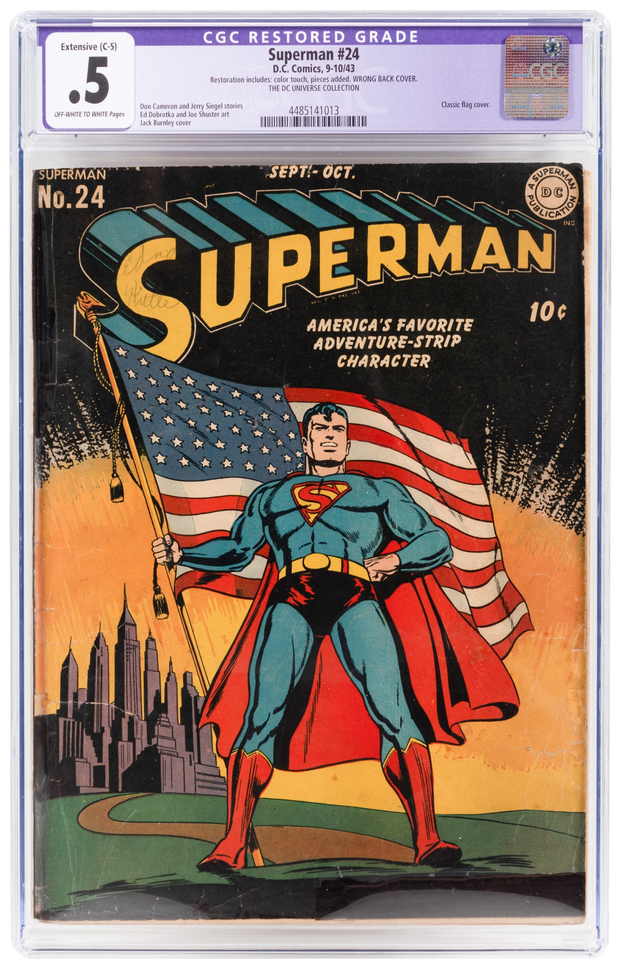 SUPERMAN #24 * Classic Flag Cover: Heading: Author: Title: SUPERMAN No. 24 Place Published: Publisher:DC [Indicia: Superman Inc.] Date Published: September-October, 1943 Description: CGC certified: Poor (0.5) Rest