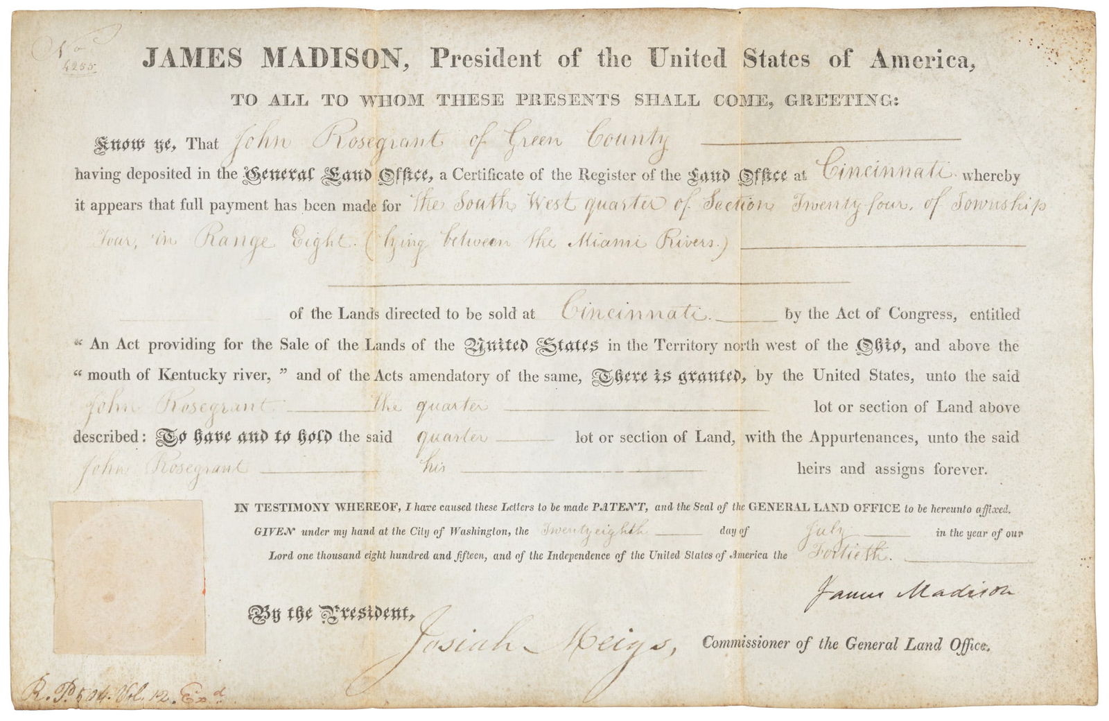 Ohio land grant signed by James Madison (1 of 2)