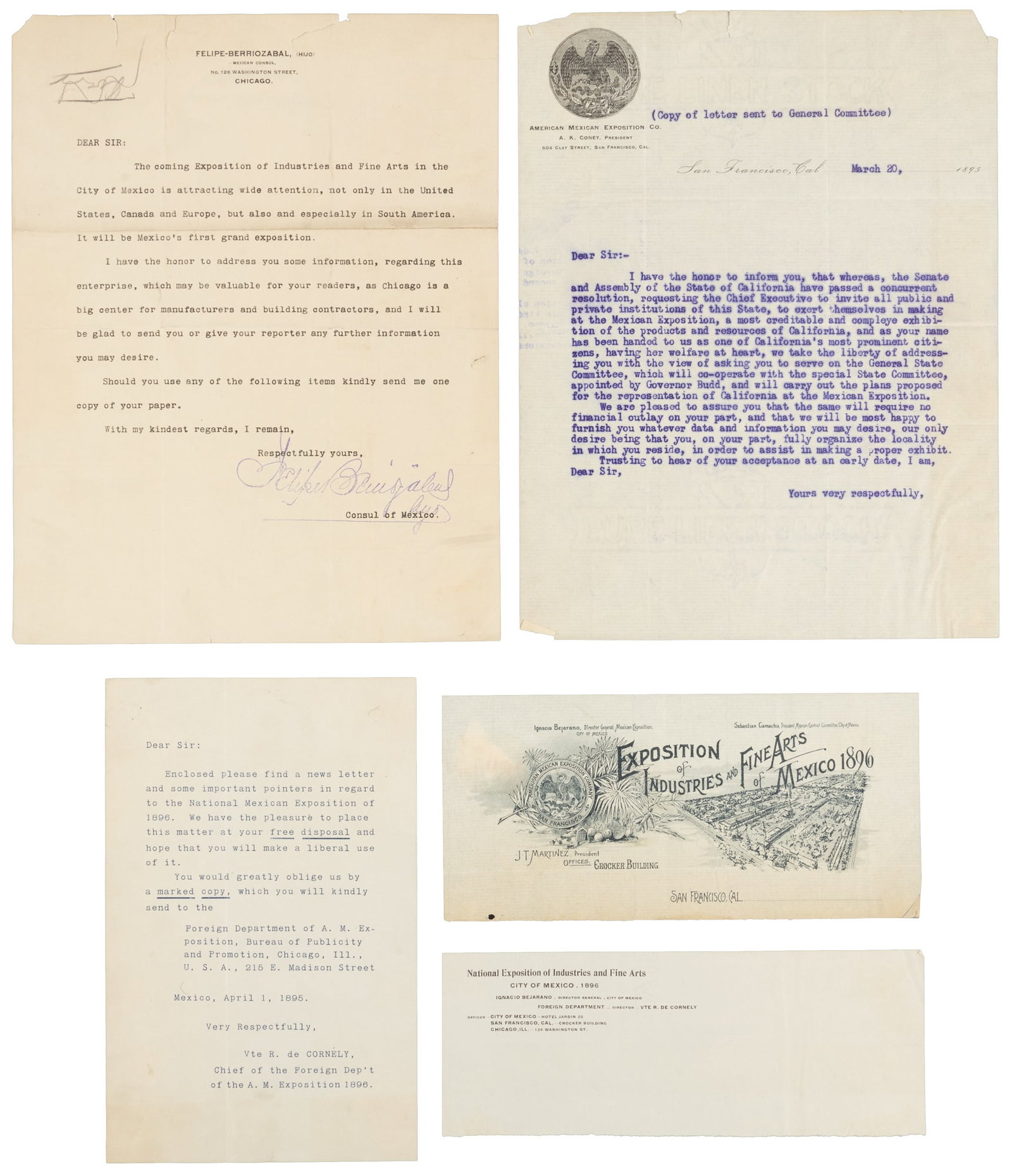 Ephemera for cancelled Mexican world's fair, 1896: Heading: (Mexico) Author: Title: Several form letters & other items relating to the Exposition of Industries and Fine Arts of Mexico 1896, planned for Mexico City but never held Place Published: Vario