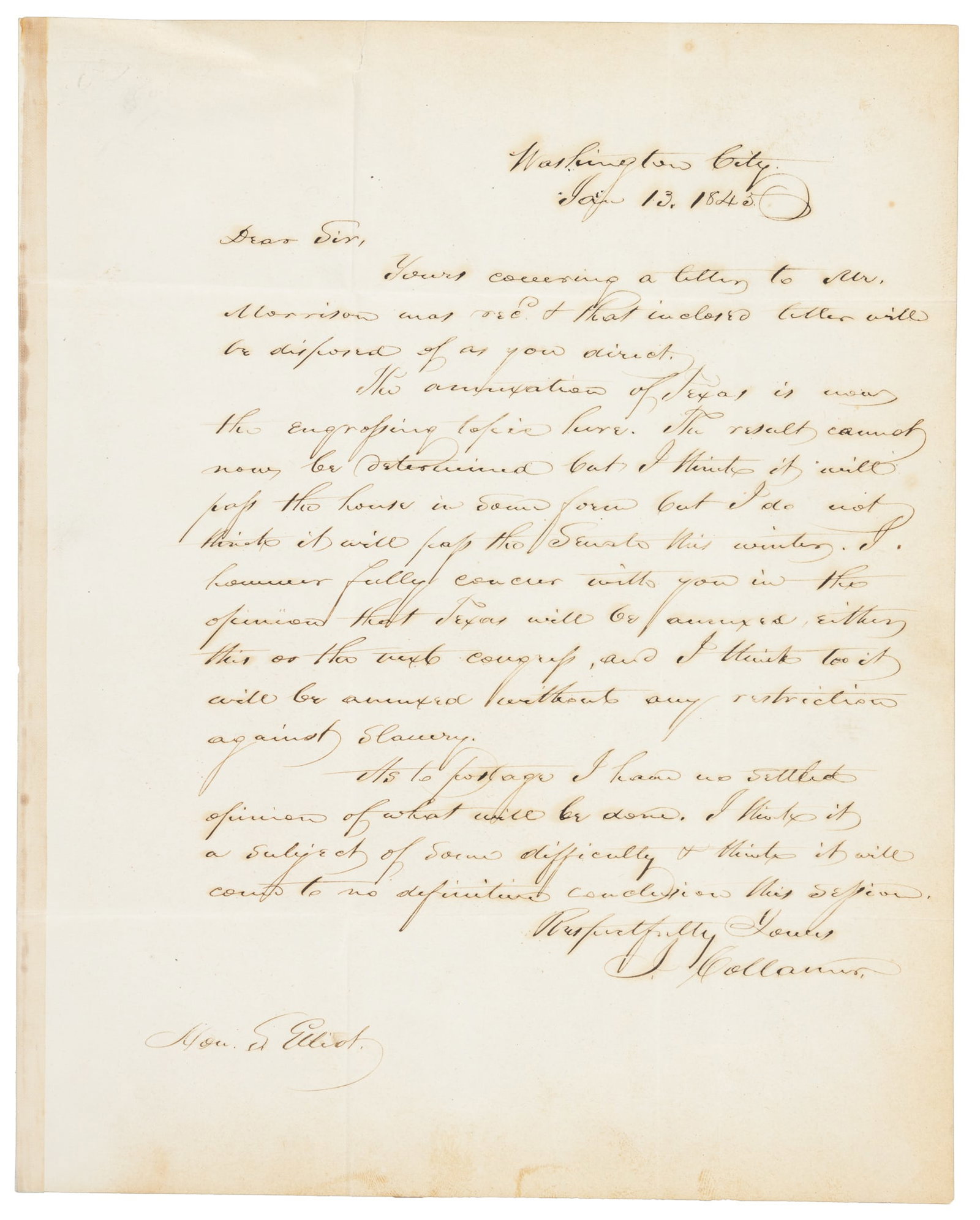 ALS about annexation of Texas: Heading: (Texas) Author: Collanur, I. Title: Autograph letter signed, concerning the contemporary debate over the annexation of Texas Place Published: Washington, D.C. Publisher: Date Published: