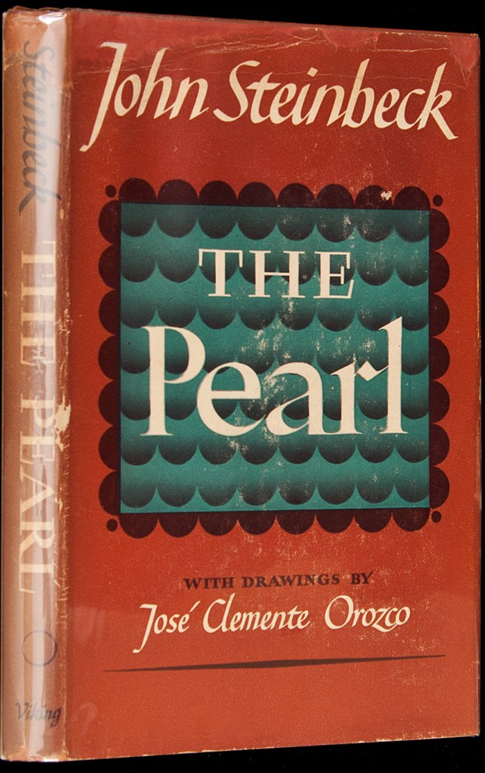 The Pearl 1st edition by Steinbeck: Title: The Pearl Author: Steinbeck, John Description: Illustrated with drawings by José Clemente Orozco. Brown cloth pictorially stamped on brown on front cover, spine lettered in gilt on black backg