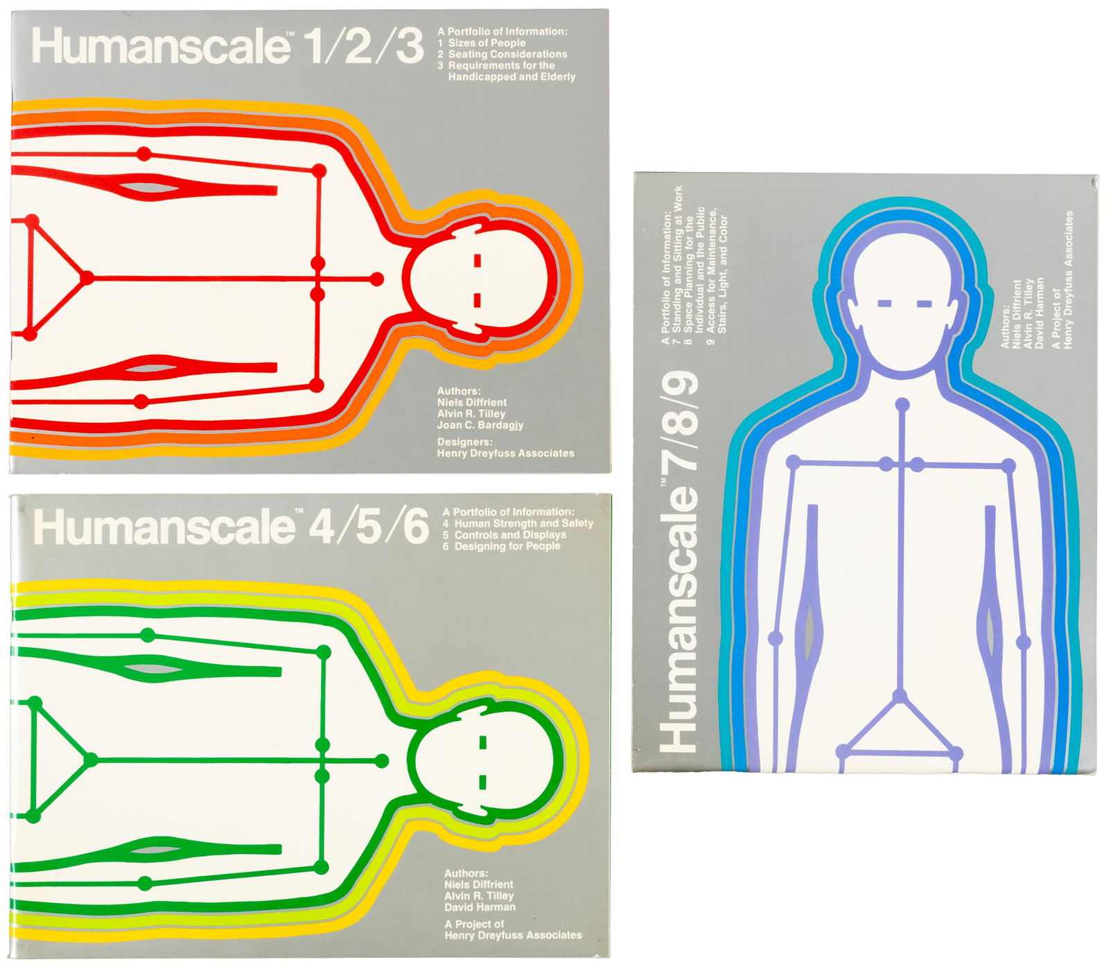 Complete set Humanscale portfolios, 1-9: Heading: (Dreyfuss, Henry) Author: Diffrient, Neils, Alvin R. Tilley, Joan C. Bardagjy, and Henry Dreyfuss Associates Title: Humanscale 1/2/3; 4/5/6; 7/8/9 Place Published: Cambridge Publisher:The MIT