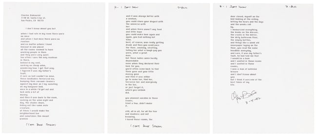 Bukowski signed manuscript poem 1992