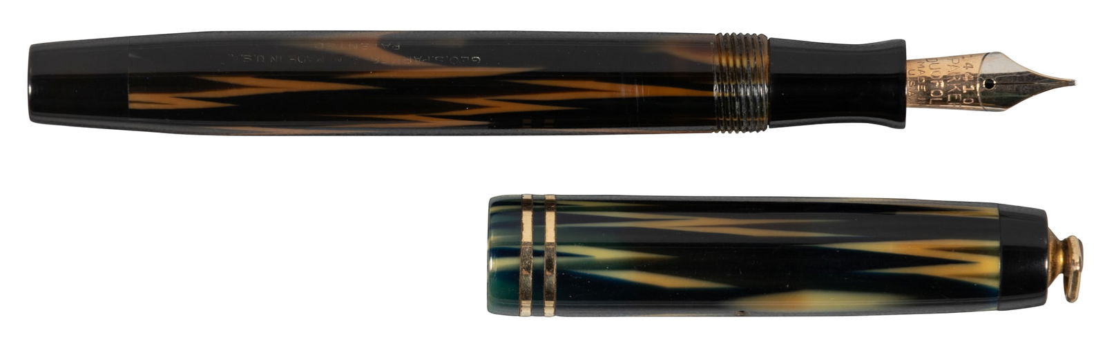 PARKER: Duofold Black & Brown Celluloid Ringtop Button-Filler FP (1 of 2)