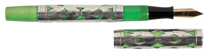 WATERMAN: Green Lever-Filler FP, Silver Overlay, Prototype? 1930s
