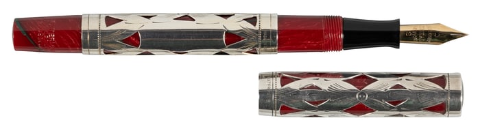 WATERMAN: Red Lever-Filler FP, Sterling Overlay, 1920s