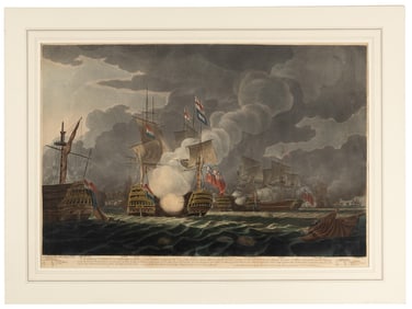 Hand-colored aquatint after Clevely, Battle of Cape St. Vincent