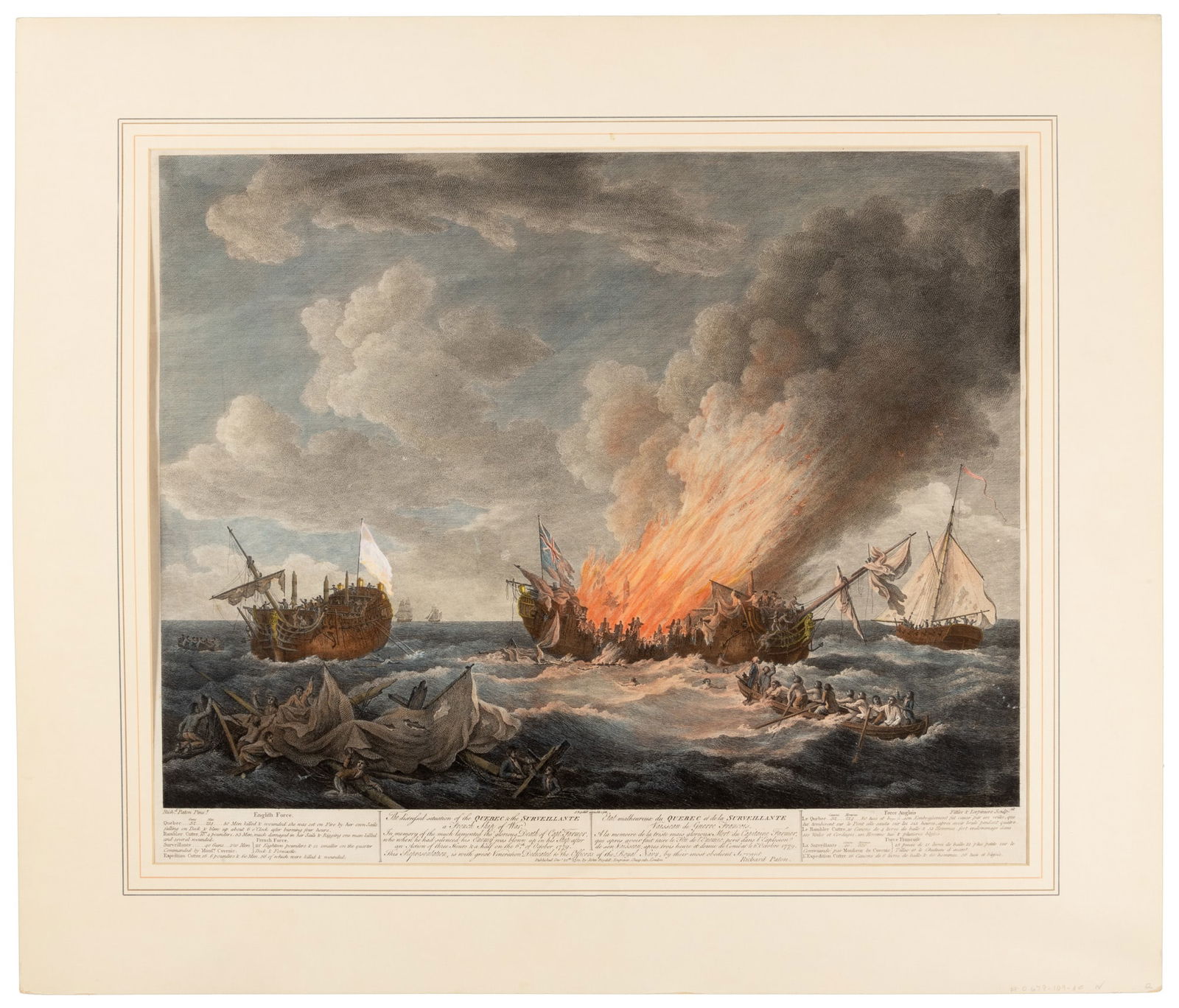 Hand-colored aquatint after Richard Paton: Heading: (Paton, Richard, artist) Author: Title: The distressed situation of the Quebec & the Surveillante a French Ship of War... Place Published: London Publisher:John Boydell Date Published: