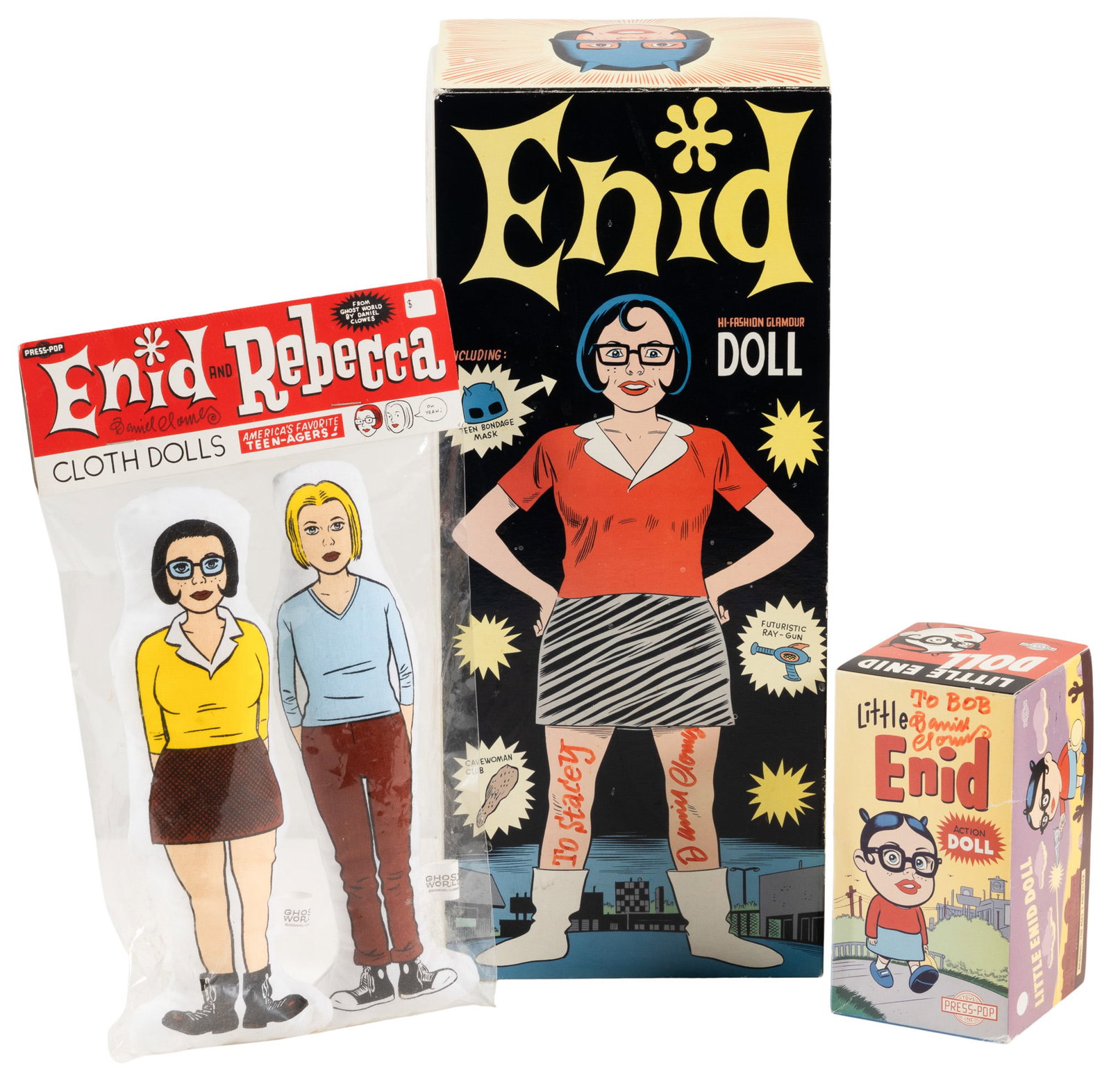 GHOST WORLD Dolls, SIGNED by CLOWES * Lot of 3: Heading: Author: [Toys and Merch] Daniel Clowes Title: Ghost World Toys: Lot of Three Enid Coleslaw Dolls (and One Rebecca Doppelmeyer Doll) * SIGNED by Dan Clowes Place Published: Publisher: D