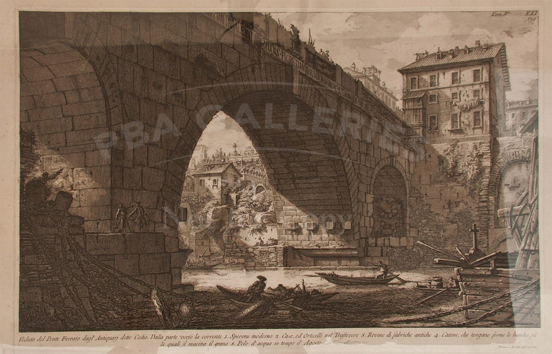 Piranesi etching of Ponte Ferrato, Rome: Title: Veduta del Ponte Ferrato dagl' Antiquari detto Cestio. Dalla parte verso la corrente 1. Sperone moderno 2. Case, ed Orticelli nel Traftevere 3. Rovine de fabriche antiche 4. Catene. che tengano