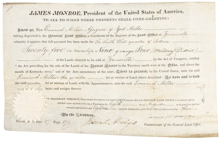 Ohio land grant signed by James Monroe