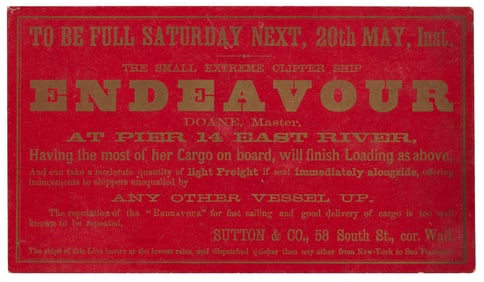 Clipper Ship Card for Endeavour printed in gold