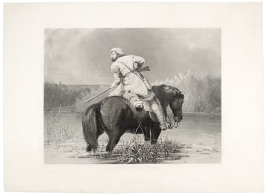 Trapper taking final shot, large 1850 print
