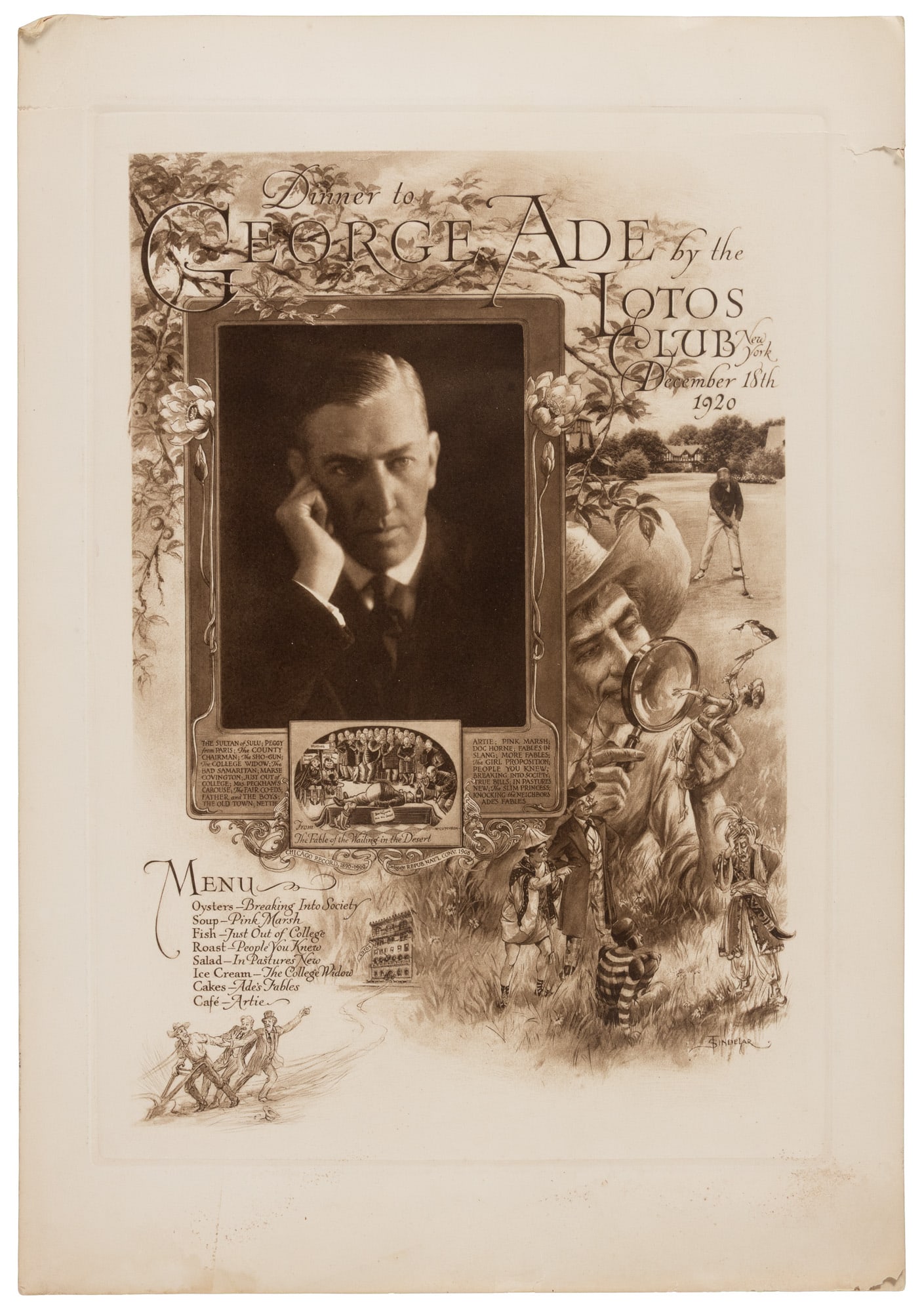 Sindelar broadside for George Ade, Lotos Club NY: Heading: (Ade, George) Author: Sindelar, Thomas Title: Dinner to George Ade by the Lotos Club. New York, December 18, 1920 Place Published: New York Publisher:Lotos Club Date Published: 1920<