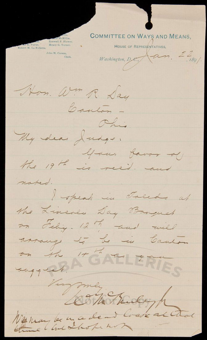 Letter from William McKinley to W.R. Day: Title: Letter Signed by William McKinley, to future Secretary of State and Supreme Court Justice William R. Day, regarding an upcoming visit to Ohio Author: McKinley, William Description: Holograph le