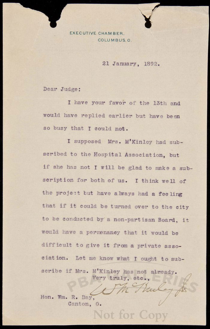 Letter from William McKinley to W.R. Day: Title: Typed Letter Signed by William McKinley, to future Secretary of State and Supreme Court Justice William R. Day, regarding a subscription to the Hospital Association Author: McKinley, William De