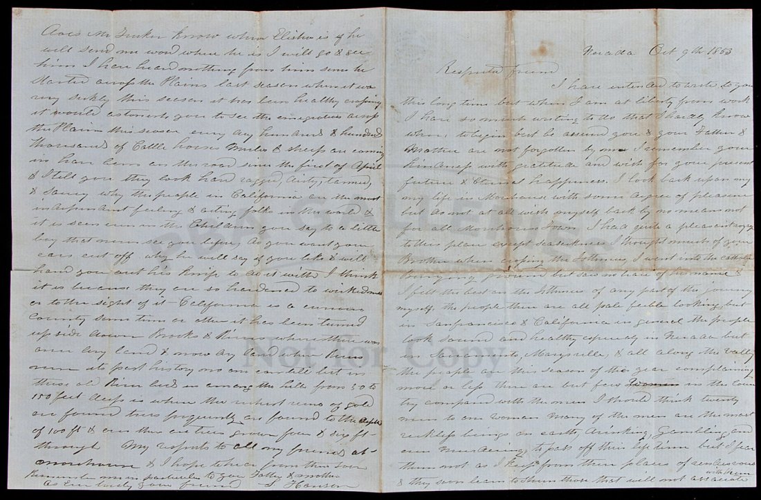 ALs from CA gold rush pioneer about Chinese: Title: Autograph Letter Signed - 1853 California gold rush pioneer sees Chinese as "steady, industrious and peaceable" Author: Hanson, S[ylvester] Description: 4 pp.To a "respected friend", probably A