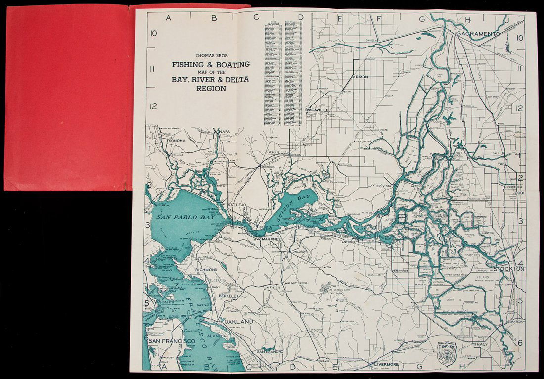 Fishing & Boating Map of the Bay, CA c1940s: Title: Fishing & Boating Map of the Bay, River & Delta Region Author: Thomas Bros. Description: 43.2x48.8 cm. (17x19¼"). Folded and affixed to red printed wrappers.The areas covered in the map includ