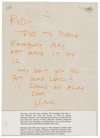 Handwritten note from Bukowski to Red" Stodolsky"