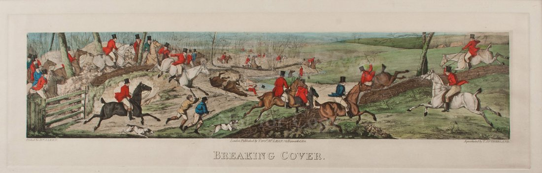 Three fox-hunting scenes by Henry Alken: Title: Three fox-hunting scenes by Henry Alken Author: Alken, H[enry] Description: Three hand-colored aquatint plates. Each approximately 13.5x61 cm (5¼x24"). plus margins. Uniformly framed, overall 
