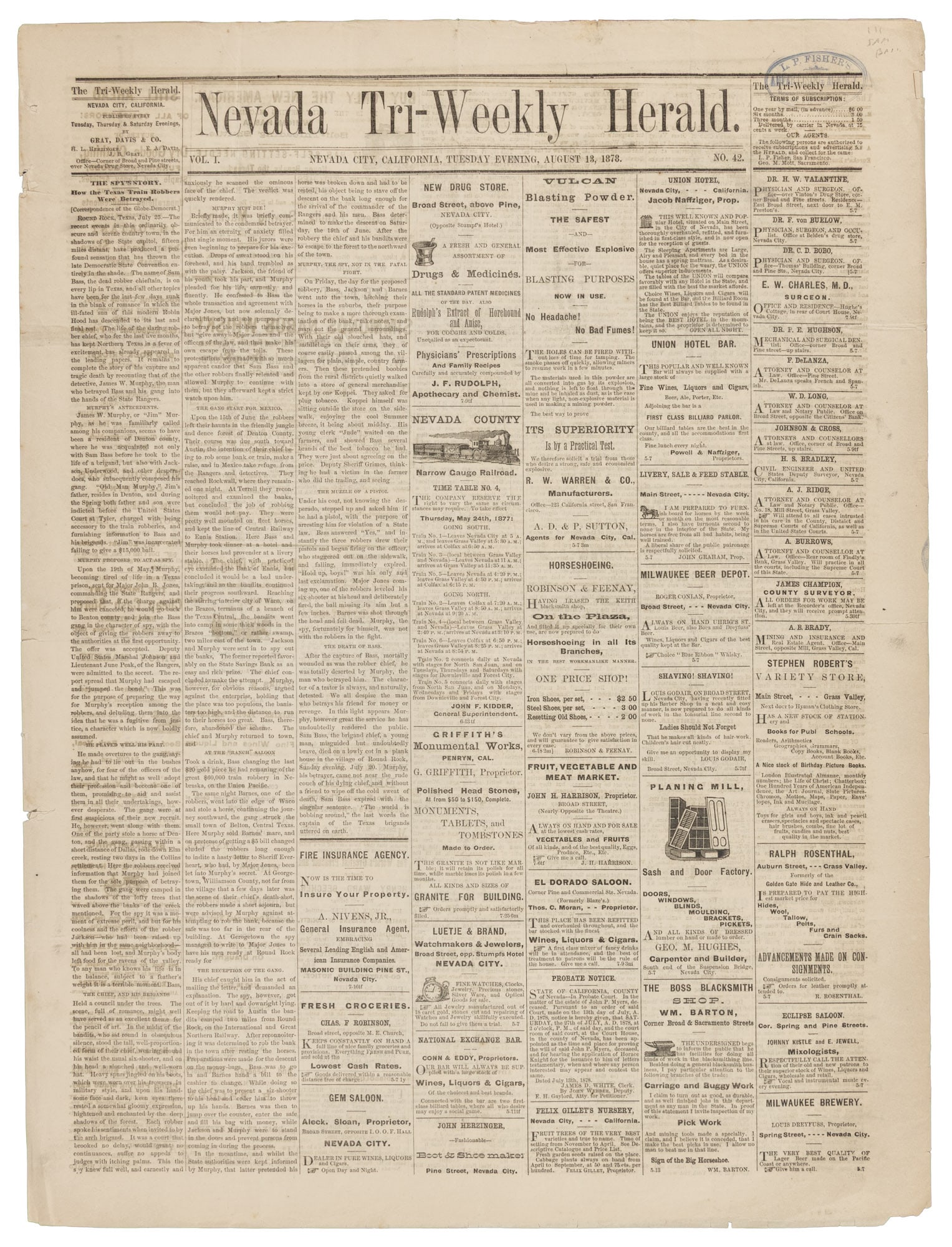 Death of Sam Bass in CA newspaper, 1878: Heading: (Bass, Sam) Author: Title: Nevada Tri-Weekly Herald Place Published: Nevada City, California Publisher:Nevada Tri-Weekly Herald Date Published: 1878 Description: 4 pp. 55.