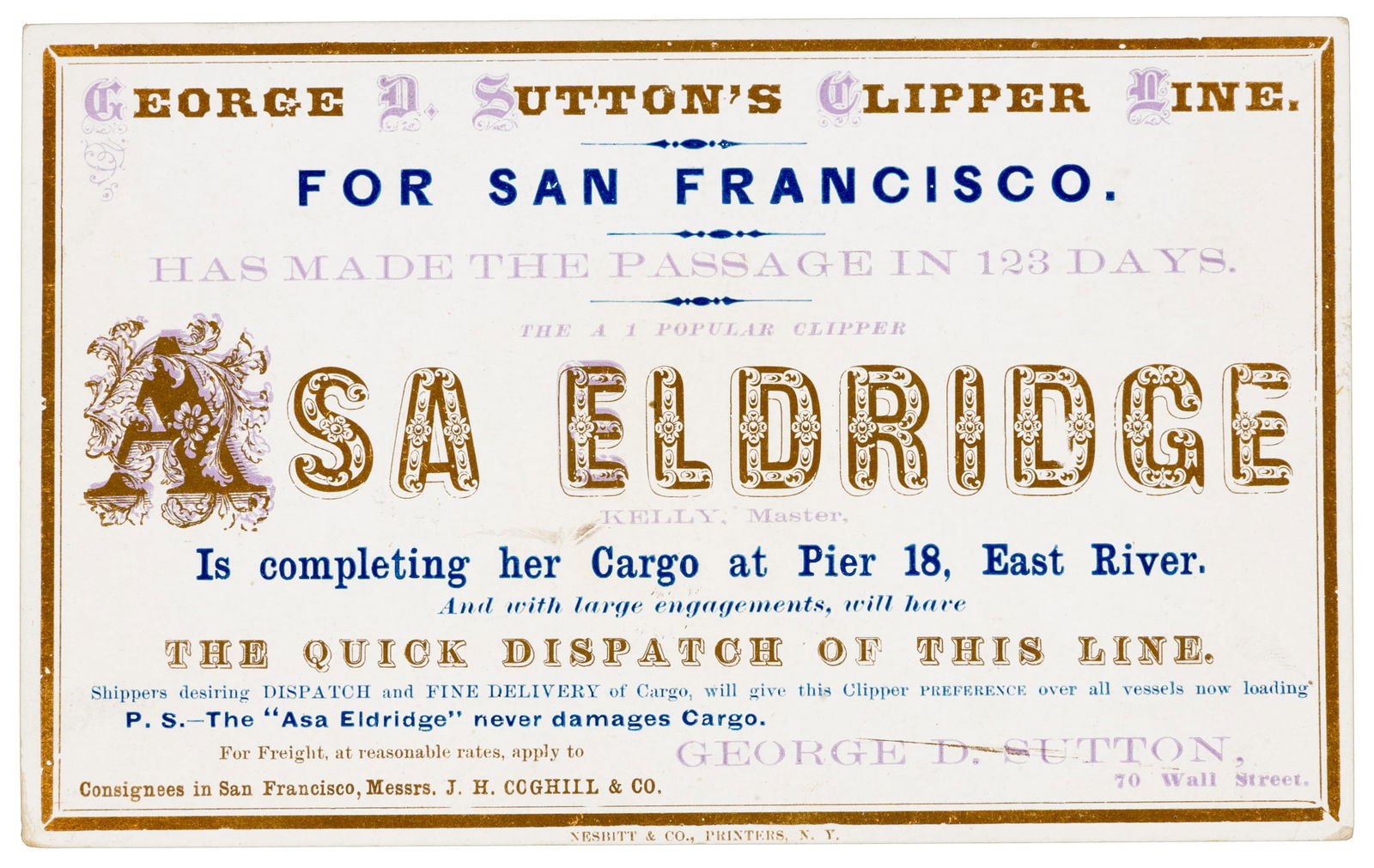 Clipper Card for ship Asa Eldridge by Watson: Heading: (Clipper Ship Sailing Cards) Author: Title: ASA ELDRIDGE Place Published: New York Publisher:Nesbitt & Co., Printers, N.Y. Date Published: 1868 Description: Clipper ship s