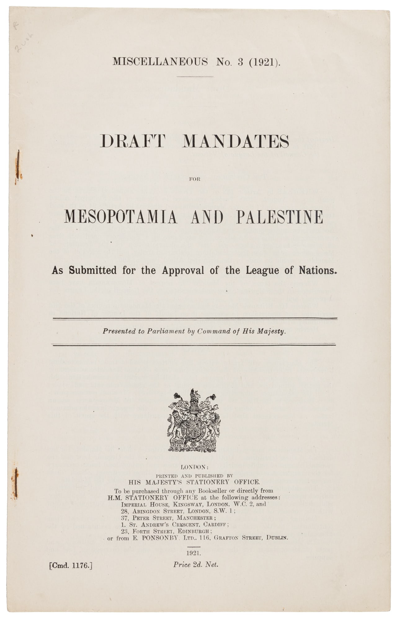 Draft mandate for Palestine, 1921 (1 of 3)