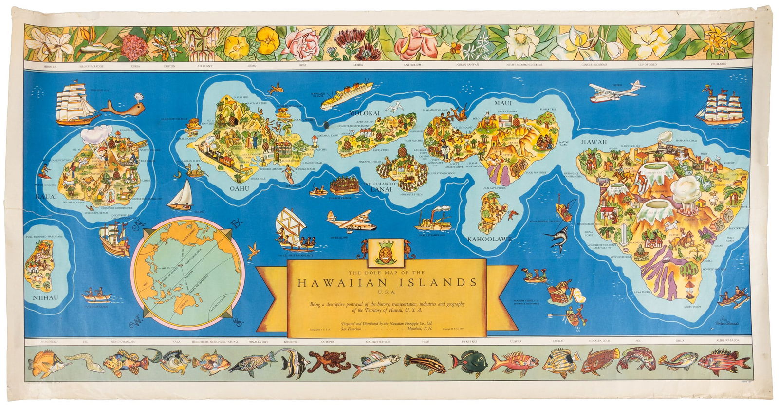 Large color pictorial map of Hawaiian Islands 1937 (1 of 1)