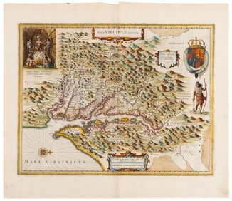 Hondius hand-colored map of Virginia, 1630s