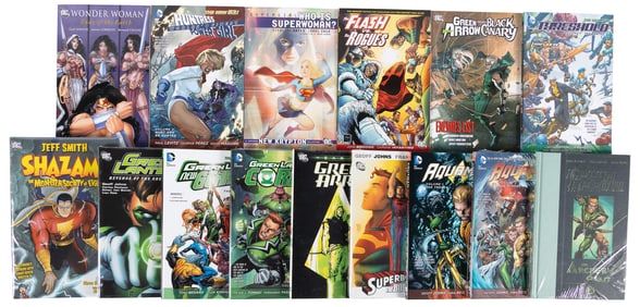 15 volumes of superhero collected editions featuring Green Lantern, Aquaman, Green Arrow