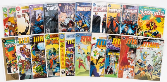 Assortment of Teen Titans material including The Official Teen Titans Index, Universe Ablaze,