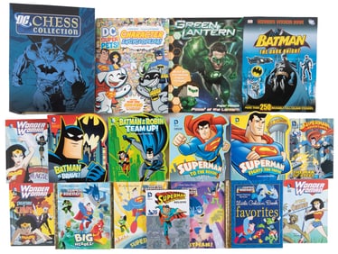 Books and items from the DC Chess Collection plus children's books including Capstone, Little Golden