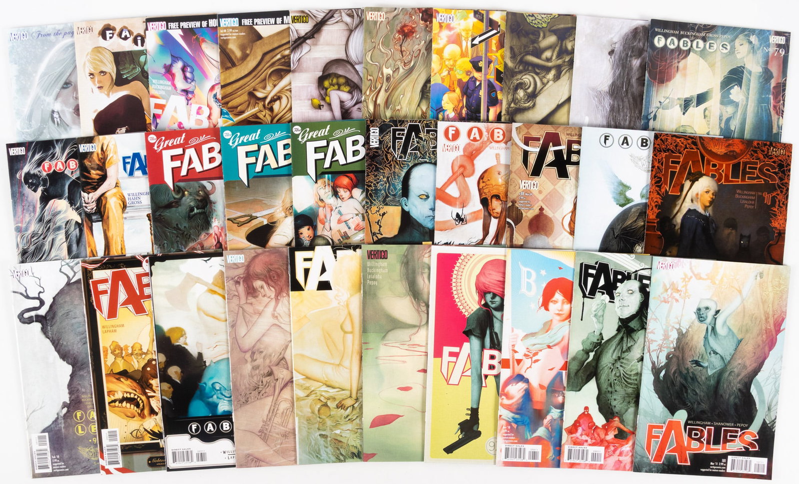 67 volumes of Vertigo Fables comprising Fairest and The Great Fables Crossover: Heading: (Vertigo Fables ) Author: Title: Collection of Vertigo Fables comprising Fairest and The Great Fables Crossover Place Published: Publisher:Vertigo [Indicia: DC Comics] Date Published:
