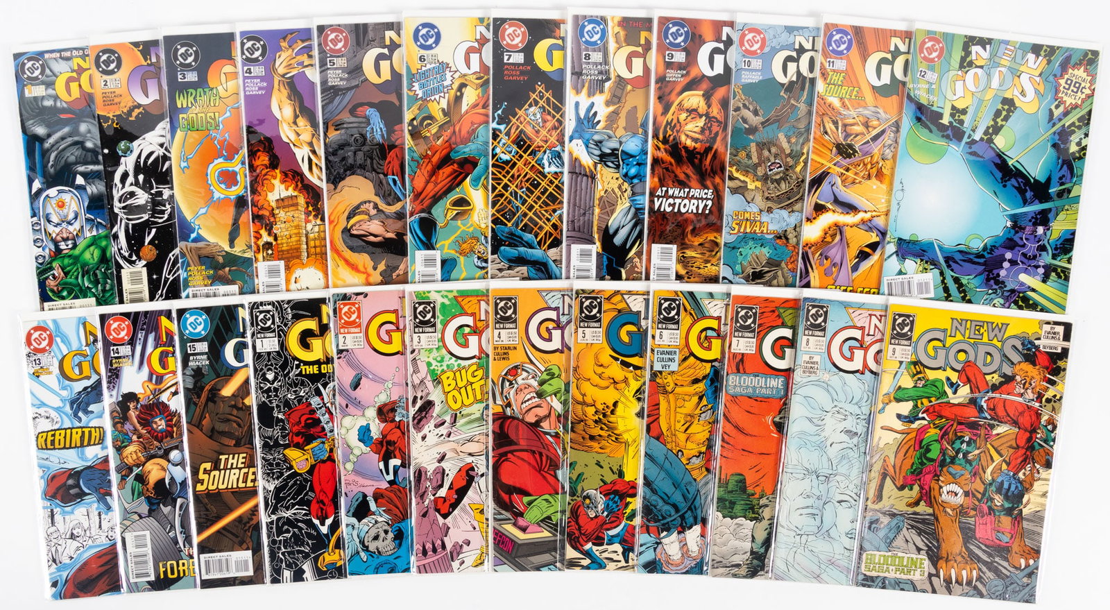 68 issues of New Gods: Heading: (New Gods) Author: Title: Complete and partial runs of New Gods Place Published: Publisher:DC Comics Date Published: c.1977-1997 Description: 68 issues. All bagged and bo