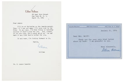 Letter and postcard signed by Lillian Hellman