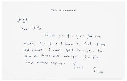 Thank-you card signed by Tom Stoppard
