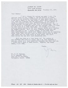 Signed letter by James M. Cain to his literary agent
