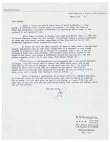 Signed letter from Raymond Chandler to his agent