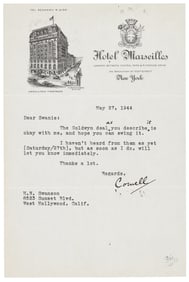 Typed Letter, signed by Cornell Woolrich to agent 1944