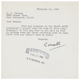 Letter signed by Cornell Woolrich to agent H. N. Swanson