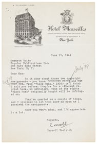 Letter signed by Cornell Woolrich to publisher Kenneth White 1944