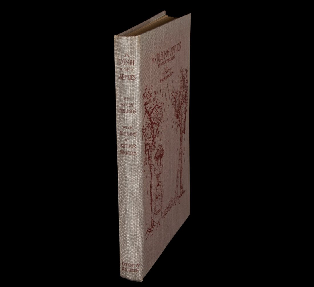A Dish of Apples illustrations by Arthur Rackham: Title: A Dish of Apples Author: Phillpotts, Eden Description: 77 pp. Illustrated by Arthur Rackham, including 3 tipped-in color plates with tissue-guards; decorative endpapers. (8vo), pictorial rose-g