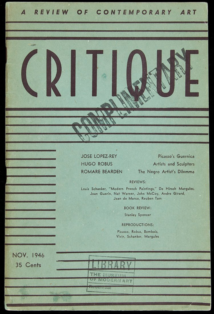 The Negro Artist’s Dilemma 1946: Title: “The Negro Artist’s Dilemma” - essay within Critique: A Review Of Contemporary Art. Vol. 1, No. 2 Author: Bearden, Romare Description: Pages 16-22 in the periodical. Original blue printed