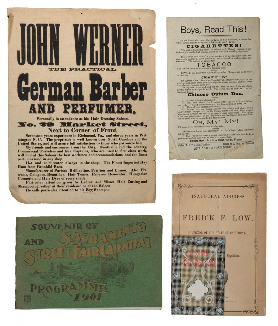 Six items published in or about California: Title: Six items published in or about California Author: ** Description: Includes: * John Werner: The Practical German Barber and Perfumer, Personally in attendance at his Hair Dressing Saloon, No. 2