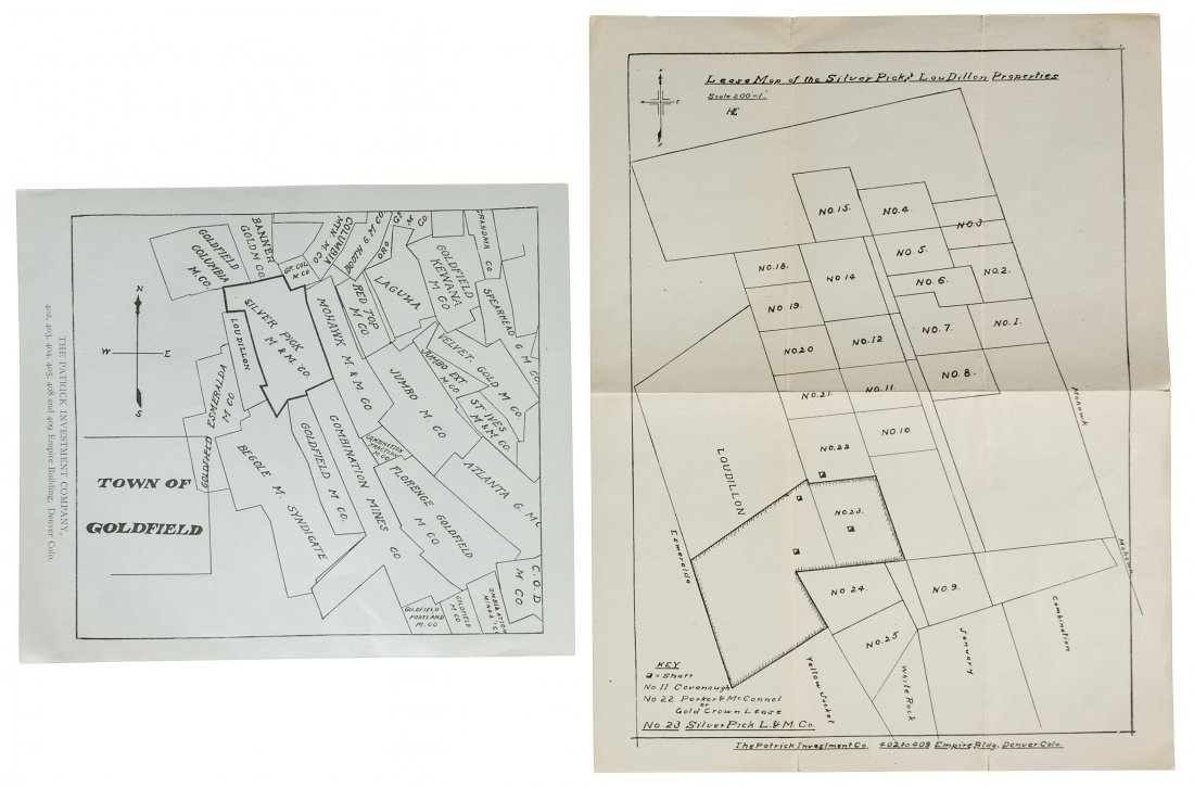 Maps of mines in the Goldfield, Colorado area: Title: Two maps of mines in the Goldfield, Colorado area Author: ** Description: Includes: Lease map of the Silver Pick and Lou Dillon properties. 32x24 cm. Shows shafts, No. 11 Cavanough, No. 22 Pork